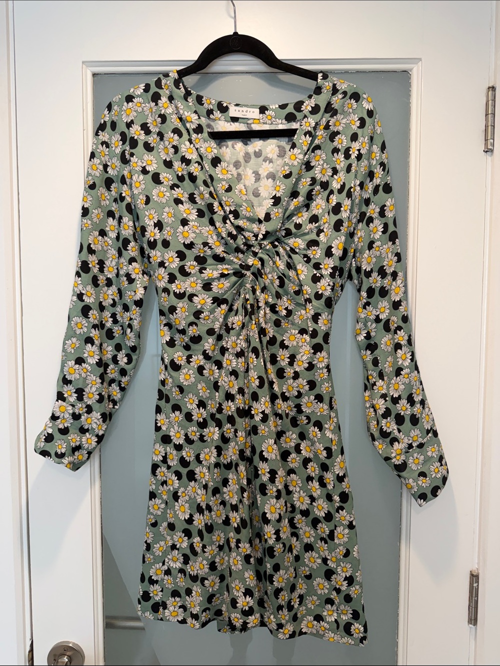 Sandro Mint Daisy Tie-Front Long Sleeve Dress with Black Accents
